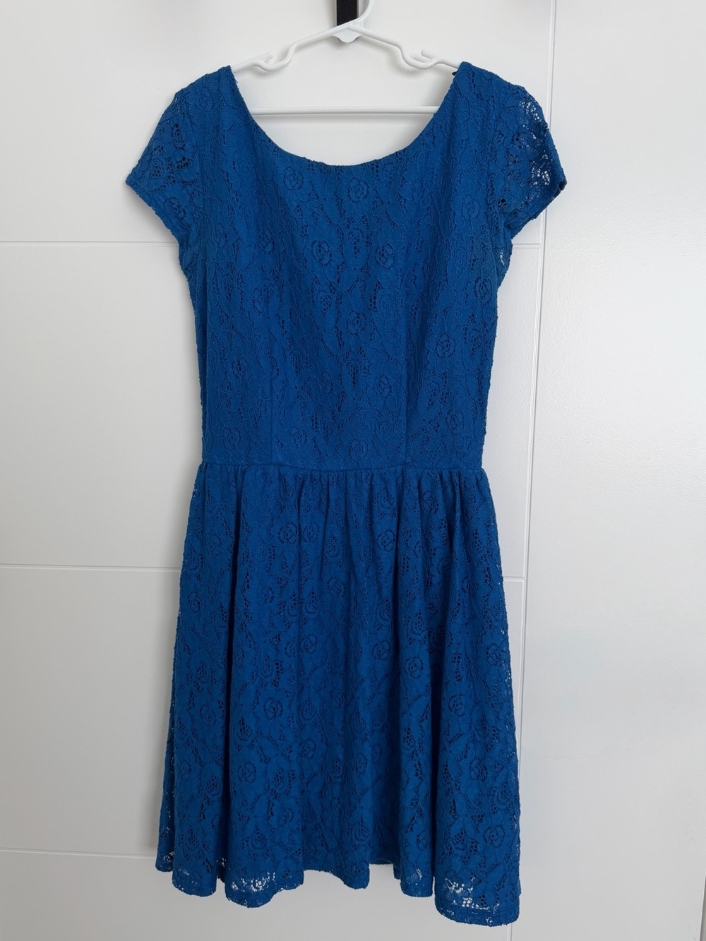 Sz 3/4 Royal Blue Lace Fit and Flare Dress B. Darlin Short Sleeve Knee Length